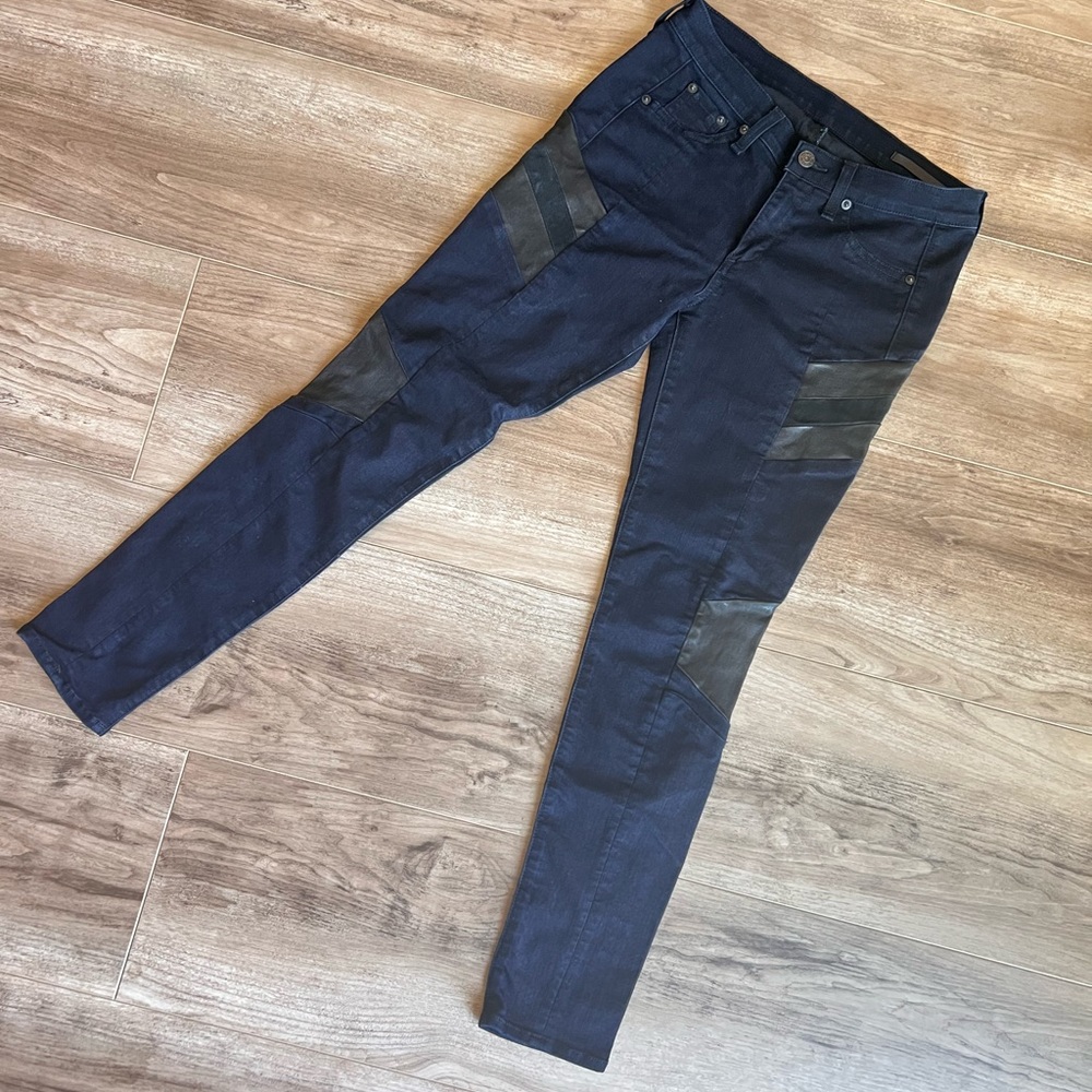 Rag & bone stretchy navy Moto denim w genuine leather inserts 28 P like new